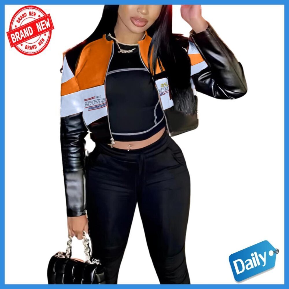 Faux Leather Moto Jacket Women's Bomber Zipper Long Sleeve Regular Fit